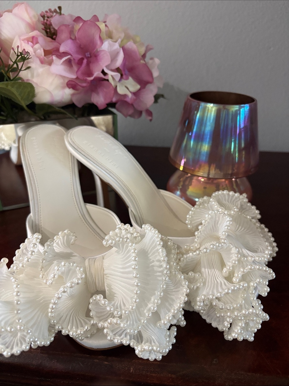 Gianni Bini Ivory Pearl-Embellished Ruffle Slide Heels